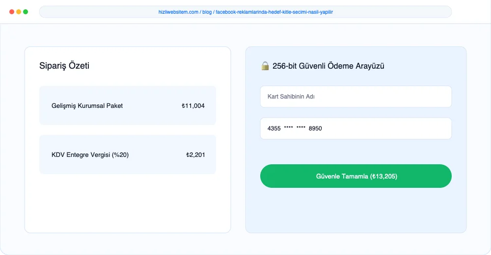 Facebook Reklamlarında Hedef Kitle Seçimi Nasıl Yapılır? - Görsel 5: Güvenli Sipariş Ödeme Arayüzü