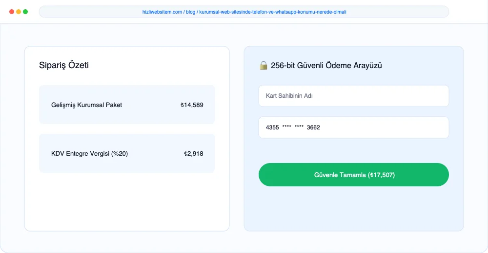 Kurumsal Web Sitesinde Telefon ve WhatsApp Konumu Nerede Olmalı? - Görsel 5: Güvenli Sipariş Ödeme Arayüzü
